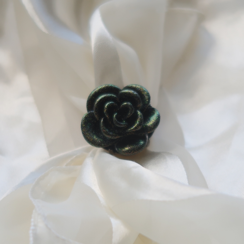 Black Iridescent Glitter Rose Ring